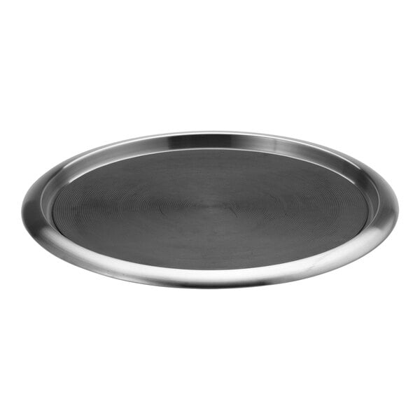 A close-up of a Service Ideas stainless steel non-skid tray with a black rim.