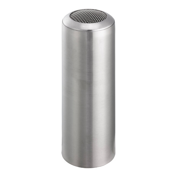 A silver stainless steel round shaker with a metal mesh lid.