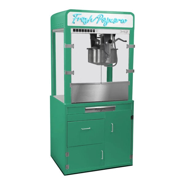 A green Paragon Zenith popcorn machine stand with a metal cabinet.