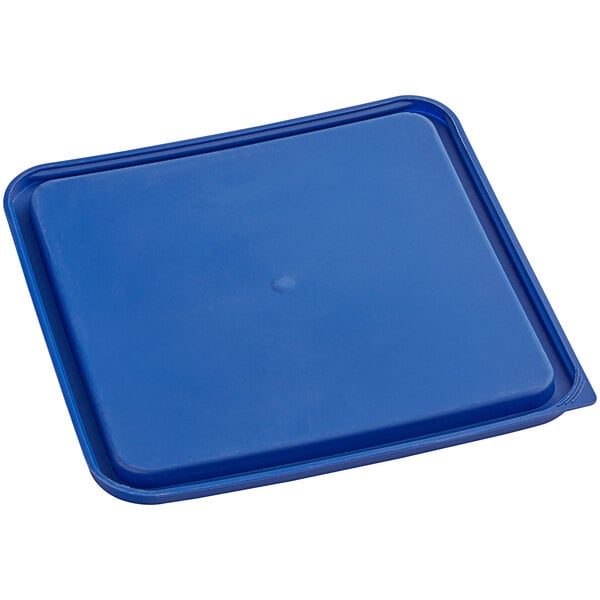 A blue square plastic lid for a food storage container.