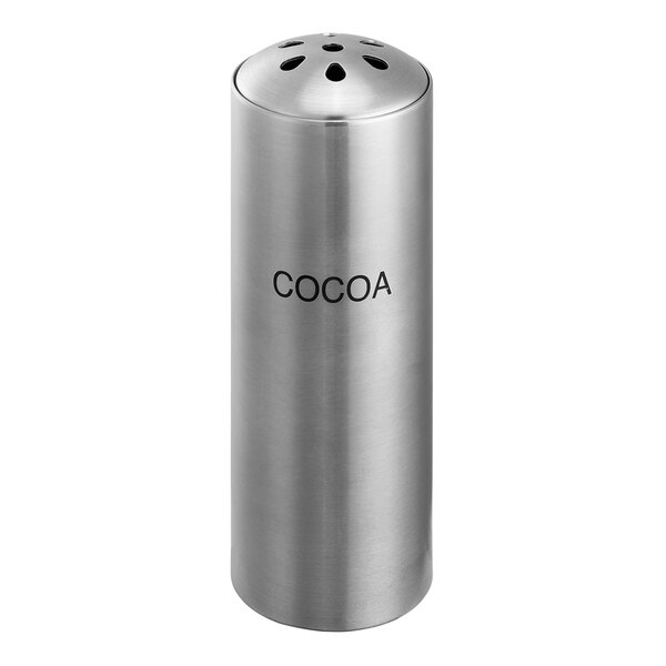 A silver stainless steel round shaker with a teardrop hole lid.