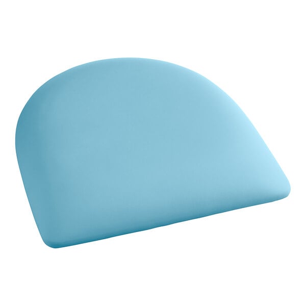 A blue half moon shaped cushion for a chair seat.