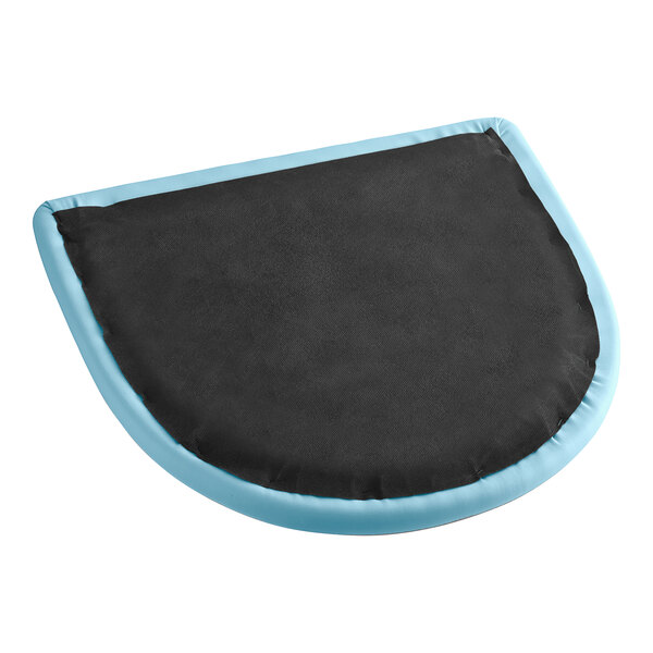 A blue vinyl cushion for metal seating with a blue border.