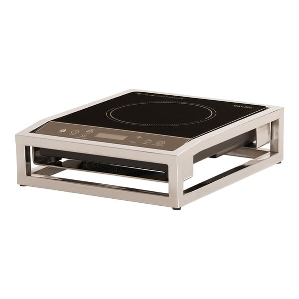 A black and silver Cal-Mil Milo countertop induction range.