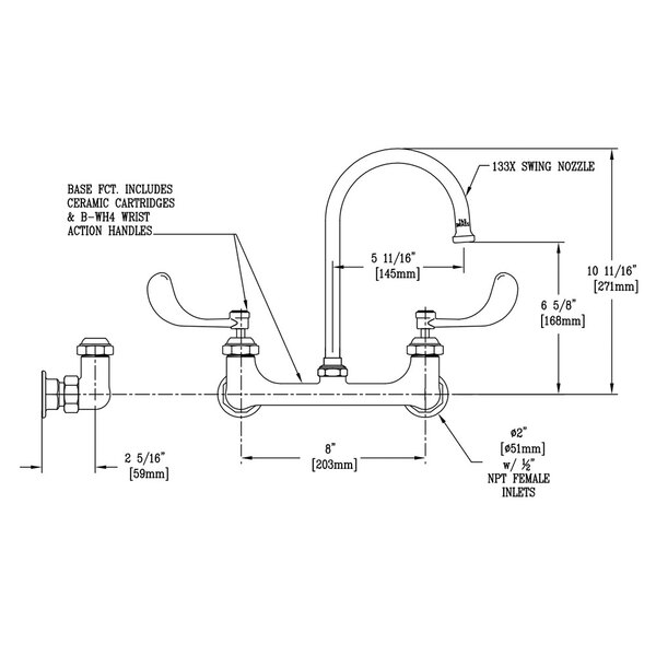 A diagram of a T&S wall mounted pantry faucet with gooseneck and wrist action handles.