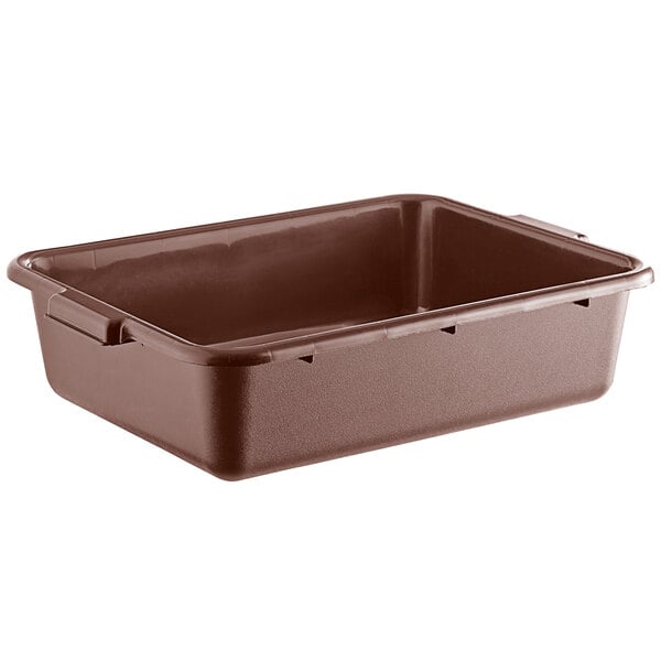 A brown rectangular polypropylene bus tub with handles on the sides.