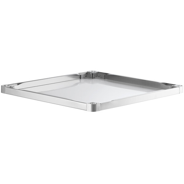A square stainless steel adjustable undershelf designed for 36-inch by 36-inch work tables.