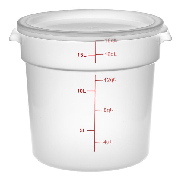 A large translucent round polypropylene food storage container with a lid and red measurement markings up to 18 quarts or 15 liters.