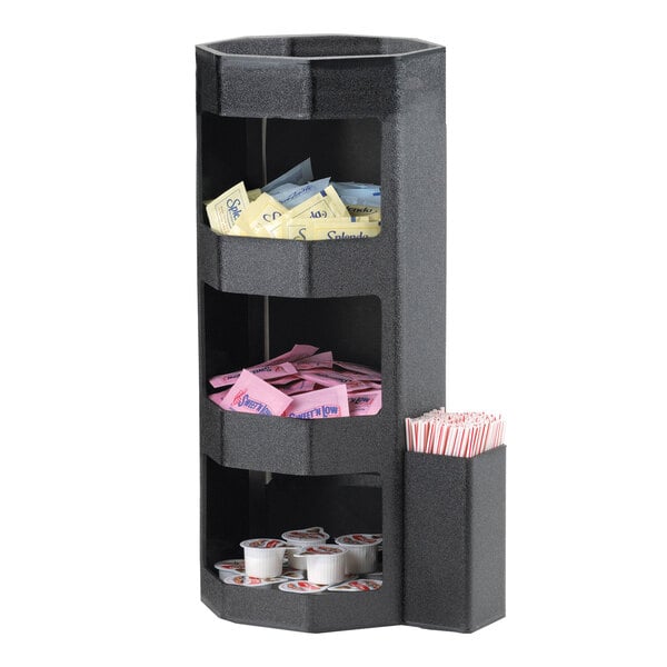 Service Ideas 9 1/4" x 7" x 17 1/4" 3-Tier Black Plastic Octagonal Condiment Caddy with Side Compartment