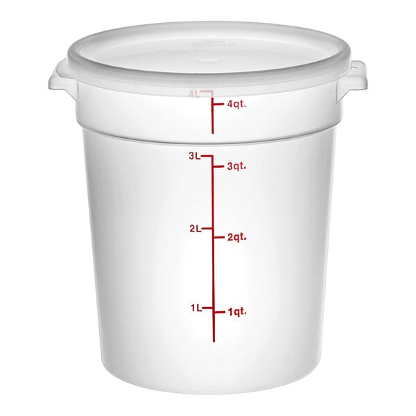 A round, translucent 4-quart polypropylene food storage container with a lid and red measurement markings.