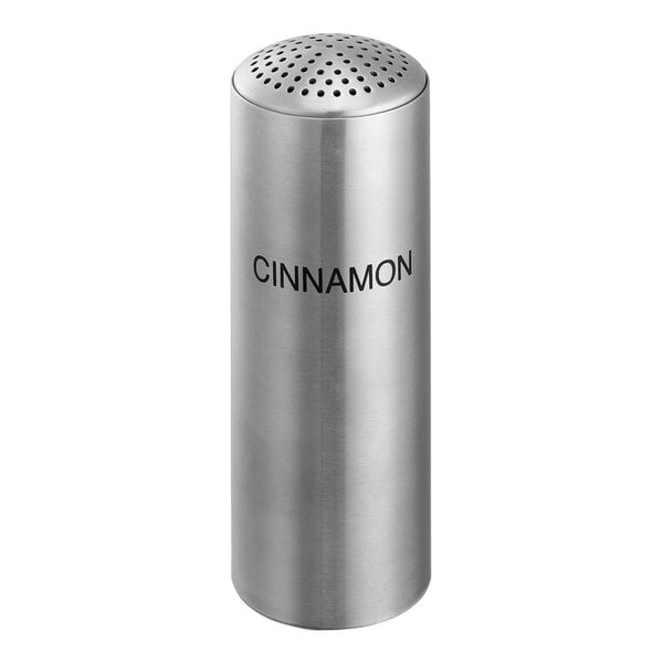 A silver stainless steel cylindrical shaker with a perforated lid and black text reading "Cinnamon"