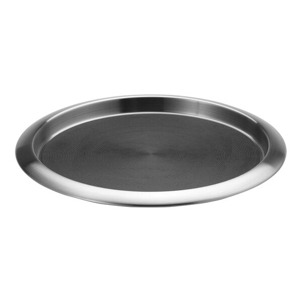 A stainless steel Service Ideas non-skid serving tray with a black rim.