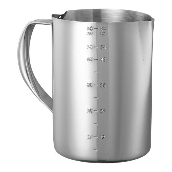 A silver stainless steel pitcher with measuring lines.