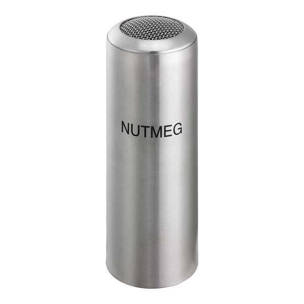 A silver stainless steel round Service Ideas shaker with black text reading "Nutmeg"