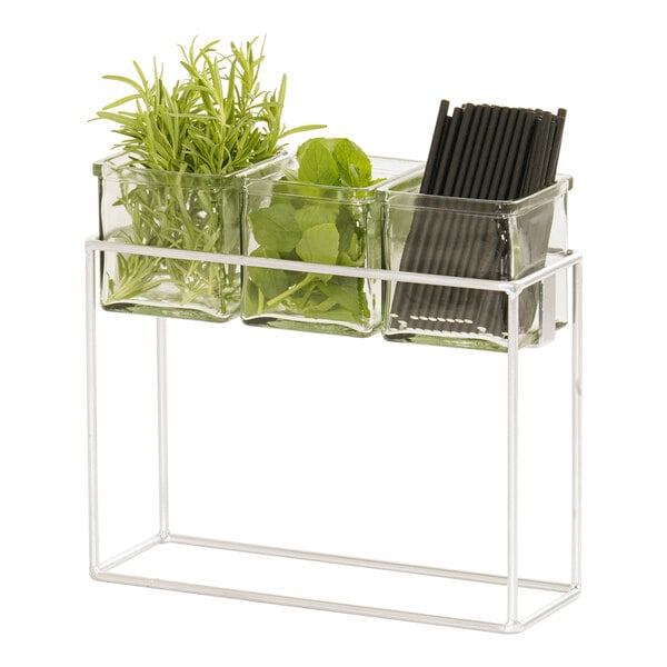 A Cal-Mil chrome condiment display with 3 square glass jars filled with herbs.