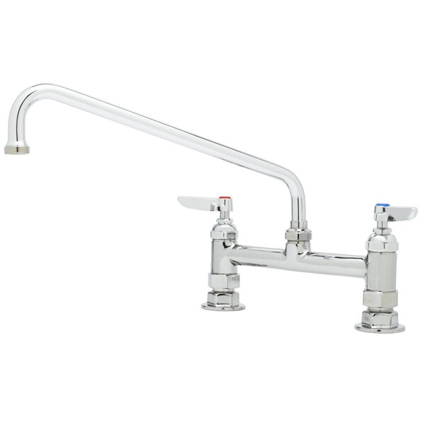 A T&S chrome deck-mounted faucet with two lever handles.