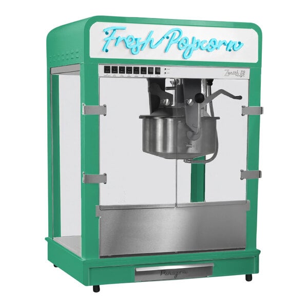 Paragon Zenith 1132500GRE 32 oz. Green Countertop Popcorn Machine with LED Neon "Fresh Popcorn" Sign - 120/240V