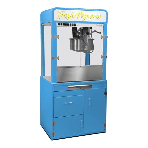 A blue Paragon Zenith popcorn machine stand with a metal cabinet.