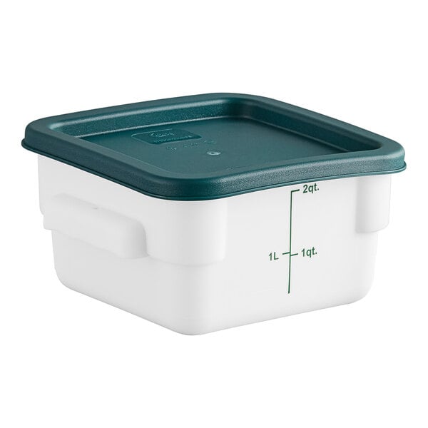 A white square 2-quart polypropylene food storage container with a green lid and measurement markings on the side.