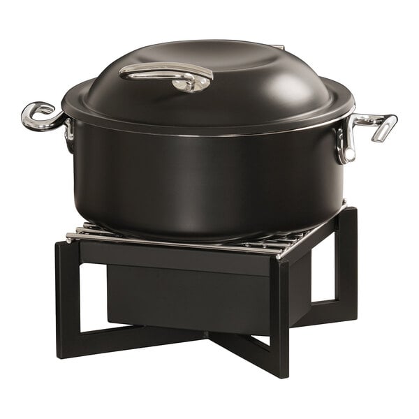 A black Cal-Mil chafer alternative pot on a stand.
