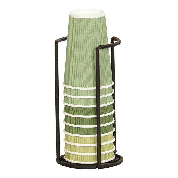 A black metal Cal-Mil cup holder with a stack of green cups.