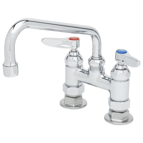 A T&S chrome deck-mount faucet with two blue handles.