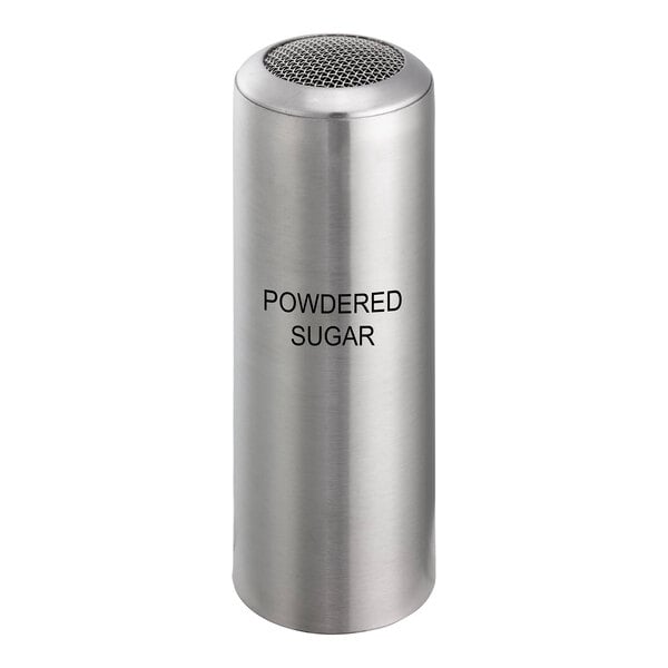 A silver stainless steel cylindrical container with a round mesh top labeled "Powdered Sugar"