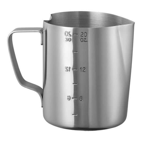 A silver stainless steel pitcher with numbers on it.