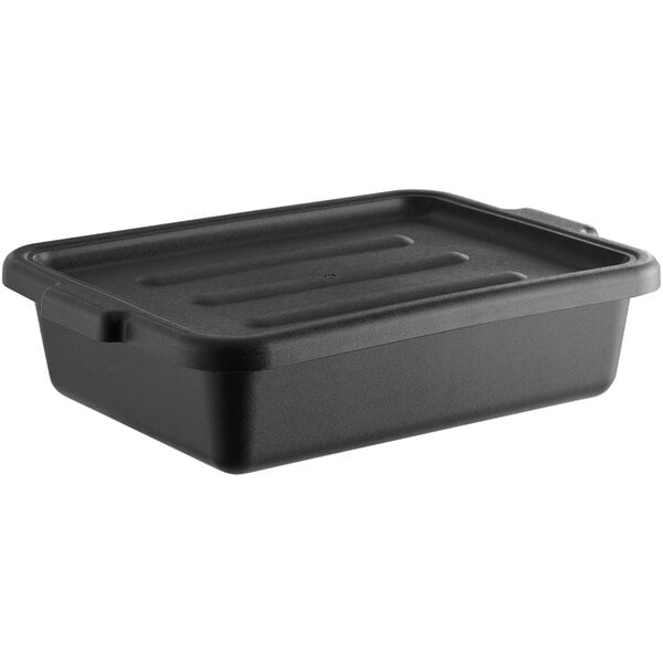 A black rectangular polypropylene bus tub with a fitted lid.
