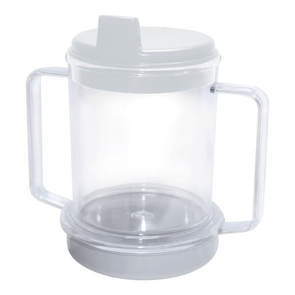A clear plastic cup with handles.