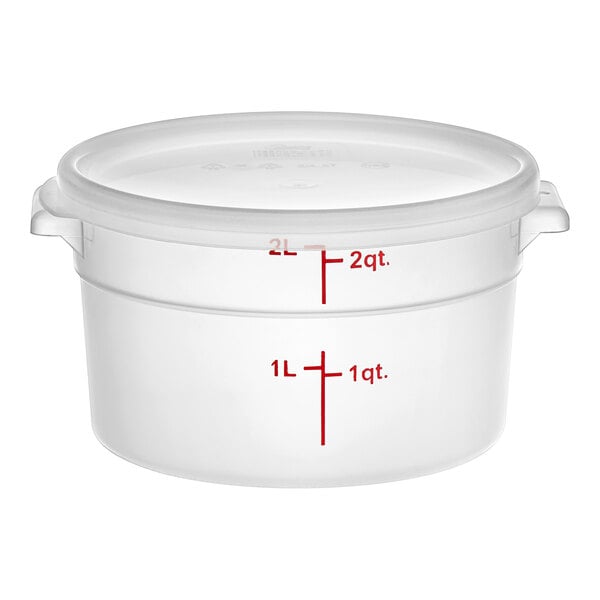 A round, translucent 2-quart polypropylene food storage container with a lid and red measurement markings.