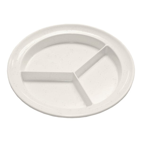 A white tray with three compartments.