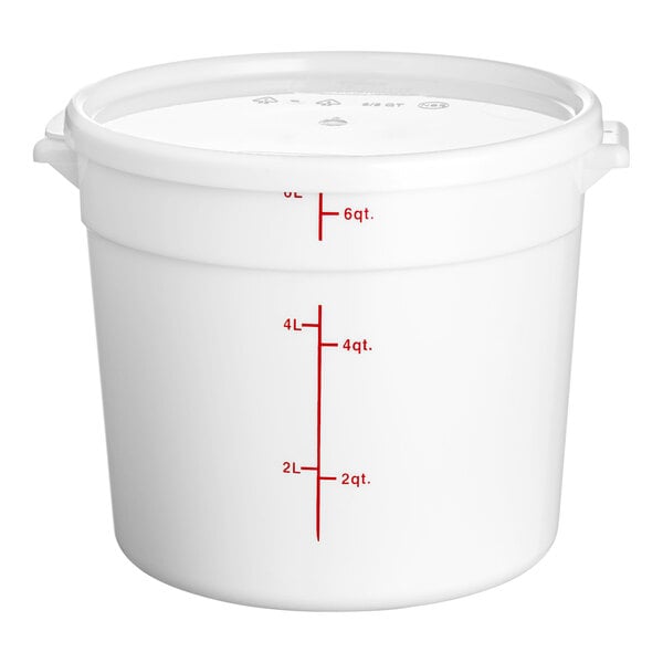 A white round 6-quart polypropylene food storage container with a lid and red measurement markings.