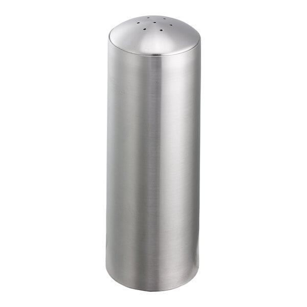 A silver stainless steel salt shaker with 7 holes.