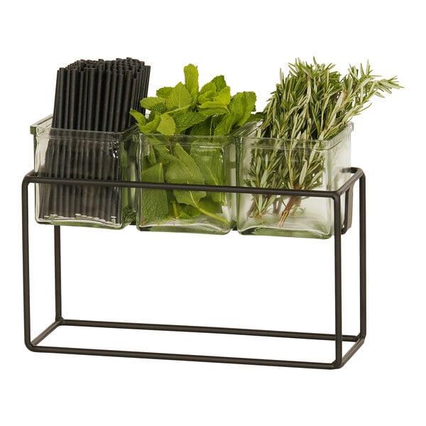 A Cal-Mil black metal coffee condiment display with three square glass jars containing green herbs.