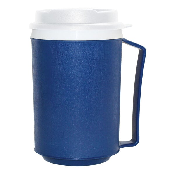 A blue and white plastic tumbler with a lid.