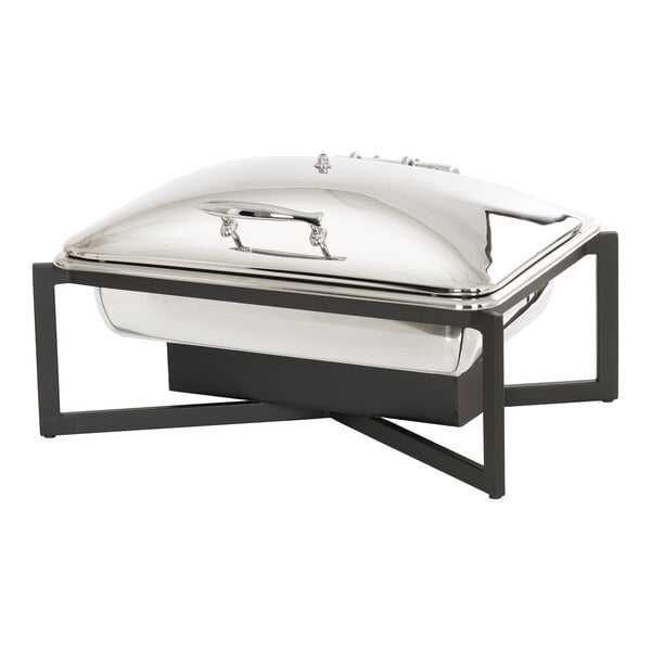 A black metal Cal-Mil Milo rectangular chafer with a soft-close lid on a table.