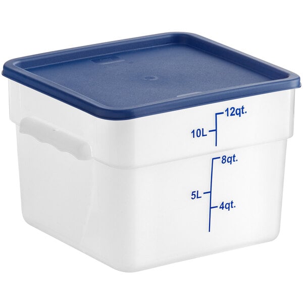 A square translucent polypropylene food storage container with a blue lid and measurement markings up to 12 quarts or 10 liters.