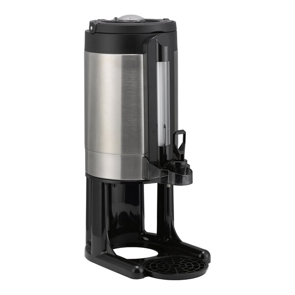 A 1.5 gallon brushed stainless steel thermal coffee server with a black stand and dispensing spout.