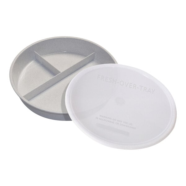 A beige polypropylene three-compartment deep dish by Richardson Products Inc.