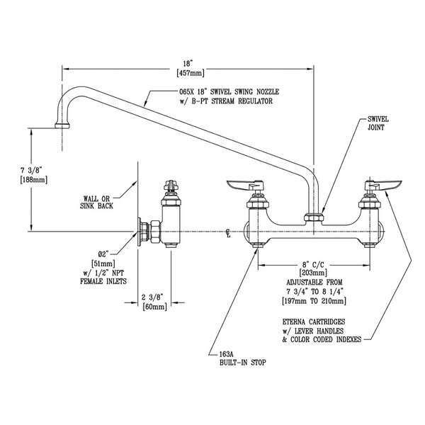 A diagram of a T&S wall mount pantry faucet.