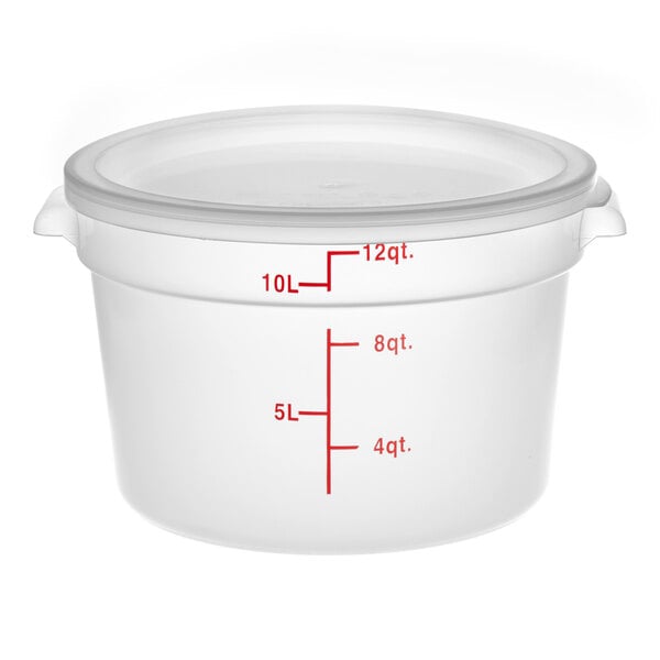 A round, translucent 12-quart polypropylene food storage container with a lid and red measurement markings.