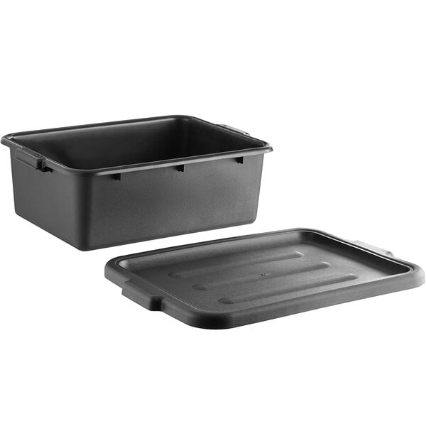 A black polypropylene bus tub with a matching lid.