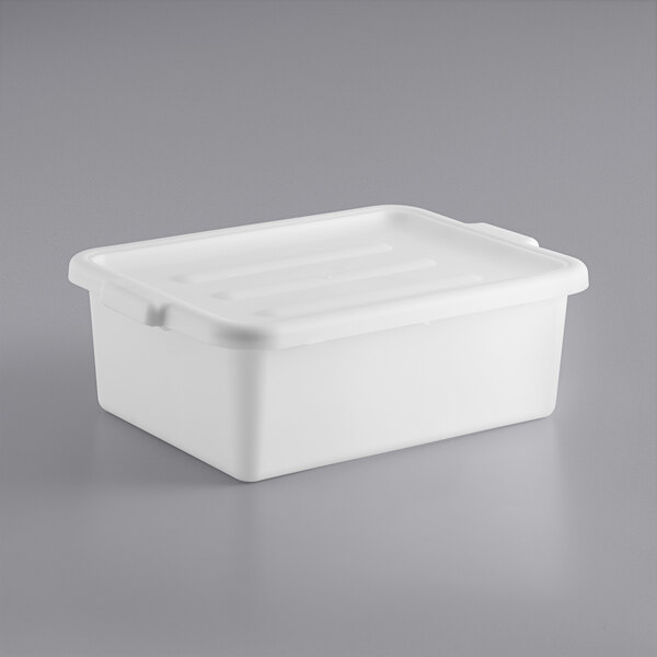 A white polypropylene utility bin with a lid, measuring 20 by 15 by 7 inches.