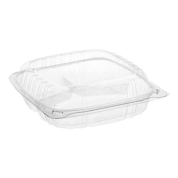 A Choice clear hinged plastic clamshell container with 3 compartments and a lid.