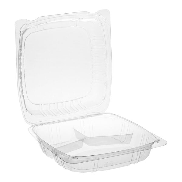 A Choice clear hinged plastic 3-compartment container with a lid.