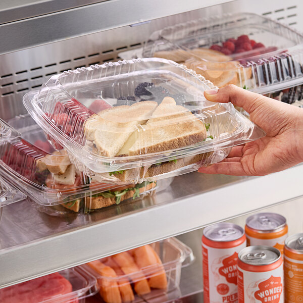 A hand holding a Choice clear plastic 3-compartment container with a sandwich inside.