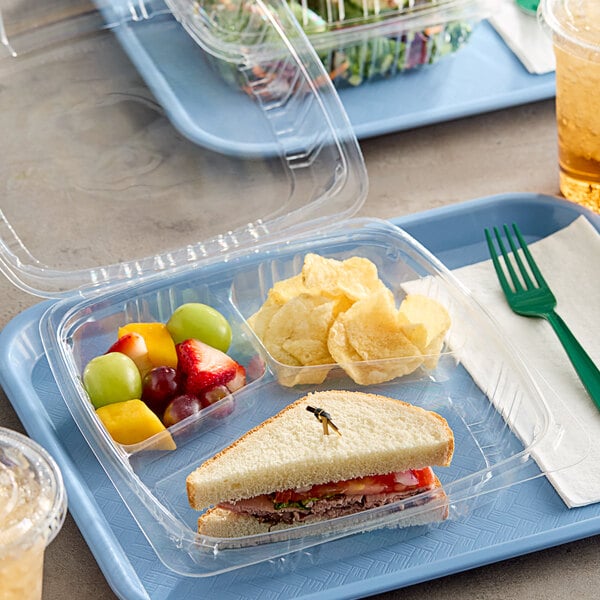 A Choice clear hinged plastic container with a sandwich, fruit, and chips.