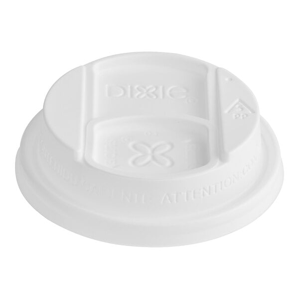 A white plastic Dixie hot cup lid with a sliding closure.