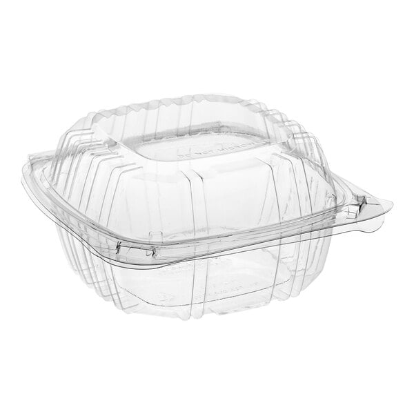 A Choice clear plastic hinged clamshell container with a lid.